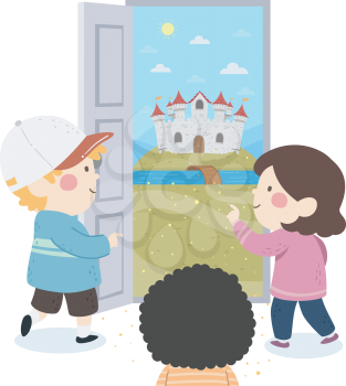 Illustration of Kids Opening and Going Inside an Open Door with a Path Leading to a Palace Inside