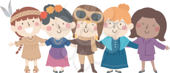 Illustration of Diverse Kids Girls Wearing Different Costumes from Native American to Office Worker for National Woman Heritage