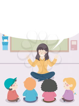 Illustration of Kids Sitting Down On the Floor In Class with Teacher Talking and Blank Speech Bubble