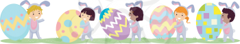 Border Illustration of Stickman Kids Walking in Bunny Costumes and Rolling Easter Eggs