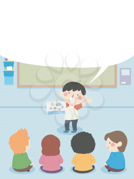 Illustration of Kids Students with a Kid Boy Telling a Story From His Doodle with Blank Speech Bubble