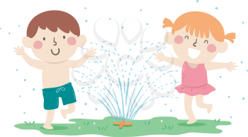 Illustration of Kids Wearing Swimsuit and Swimwear Playing Outdoors with Garden Sprinklers