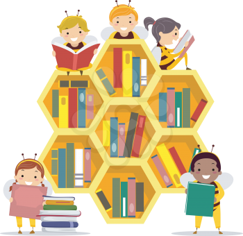 Illustration of Stickman Kids Wearing Bee Costume, Holding and Reading Books in a Bee Hive Shaped Library
