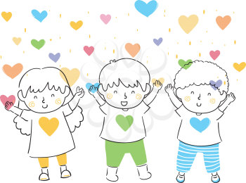 Illustration of Kids with Hands Up Accepting Falling Hearts. Love Shower
