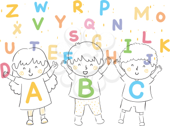 Illustration of Kids with ABC Shirts and Alphabet Shower