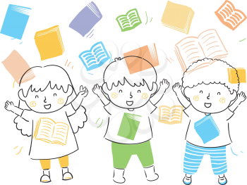 Illustration of Kids with Hands Up and Books Shower