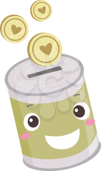 Illustration of a Donation Coin Bank Smiling with Coins Above with Hearts