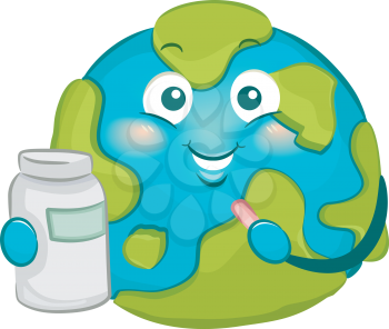 Illustration of a Big Fat Earth Mascot Holding a Bottle of Medicine