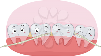 Illustration of Happy Teeth Mascot Using Dental Floss