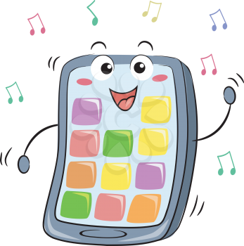 Illustration of a Mobile or Tablet Mascot Dancing and Showing Touch Pads with Music Notes