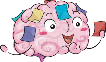 Illustration of a Brain Mascot Holding and Sticking Notes and Reminders on Itself