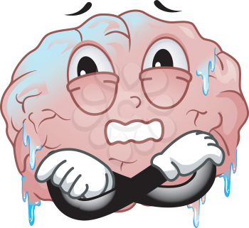 Illustration of a Brain Mascot with Ice Particles Hugging Itself and Freezing Cold