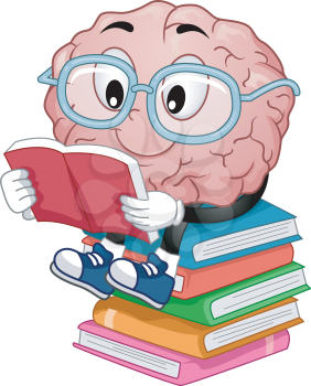 Illustration of a Brain Mascot Sitting on Top of a Stack of Books and Reading One
