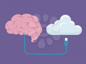 Illustration of a Brain Connected By Wire to the Cloud