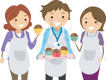 Illustration of Parents and Teacher Wearing Apron and Holding Cupcakes for Bake Sale In School