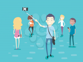 Illustration of Different People Walking Along and Using Mobile Phone