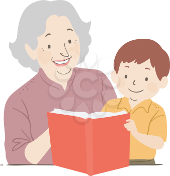Illustration of a Senior Woman Tutor Reading a Book and Teaching a Kid Boy