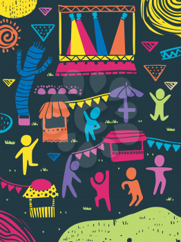 Illustration of Colorful People and Elements In a Festival from Stage Spotlight, Dancing Balloon, Stalls and Buntings