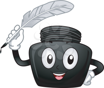 Illustration of a Bottle of Black Ink Mascot Holding Quill
