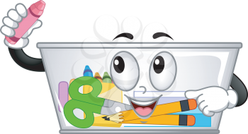 Illustration of a Container Mascot Putting In School Supplies Inside like Crayon, Pencils, Scissors and Paper for Organization