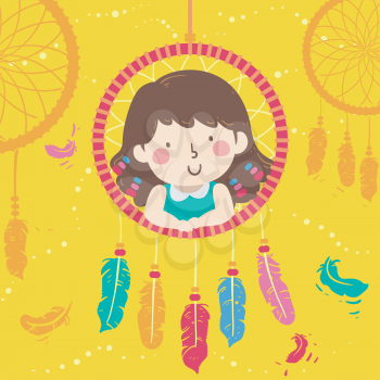 Illustration of a Kid Girl with Dream Catchers Around