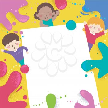Background Illustration of Kids Waving with a Blank White Board with Colorful Paint Splats Around