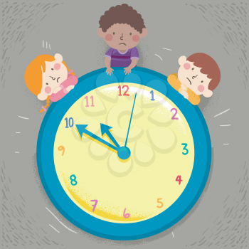 Illustration of Kids Sad and Waiting with a Big Clock