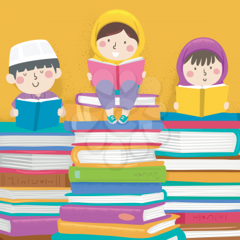 Illustration of Muslim Kids Reading Books on Stack of Books