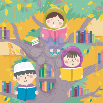 Illustration of Muslim Kids Reading Books On Tree Branches Full of Books