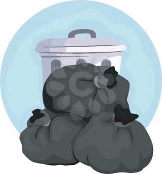 Illustration of Household Chores, Throwing Full Black Garbage Bags
