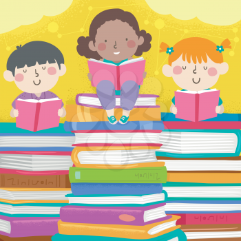 Illustration of Kids Reading Books and Sitting on Top of Stacks of Books