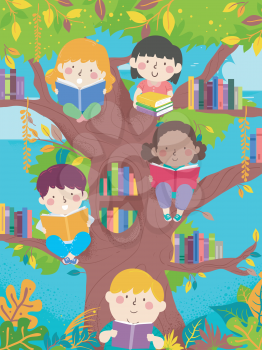 Illustration of Kids Reading Books and Sitting on a Tree Full of Books