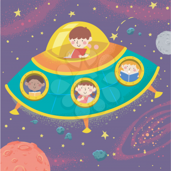Illustration of Kids Writing and Reading a Book From Inside a Space Ship in the Outer Space