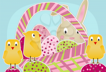 Royalty Free Clipart Image of the Easter Bunny With a Basket of Eggs and Chickens