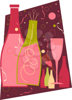 Royalty Free Clipart Image of Champagne Bottles and a Glass