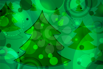 Royalty Free Clipart Image of an Evergreen Tree Pattern on a Bokeh