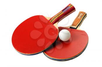 Two red table tennis rackets and ball.