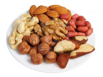 Peanuts, cashews, almonds, walnuts, Brazil nuts and hazelnuts on a white background, isolated
