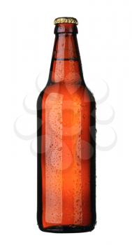A bottle of beer from brown glass, isolated on a white background.