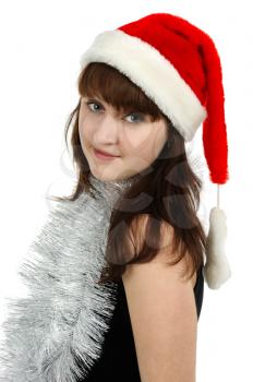 Girl with red hat, isolated on a white background.