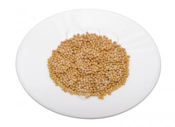 Mustard seeds on a white plate, isolated