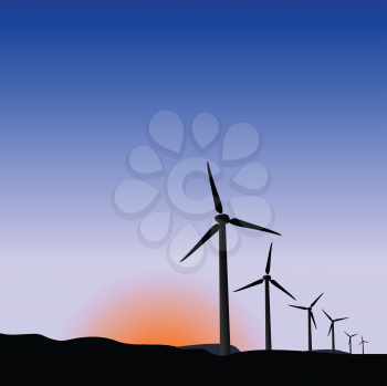 Royalty Free Clipart Image of Wind Generators at Sunrise