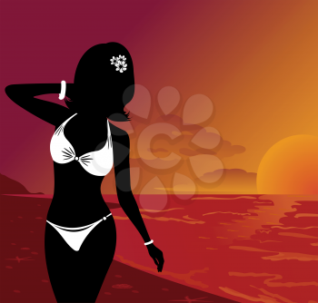 Illustration silhouette beautiful girl at sunset on beach - vector