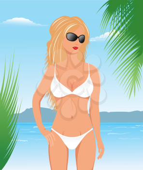 Illustration pretty blonde girl on beach - vector