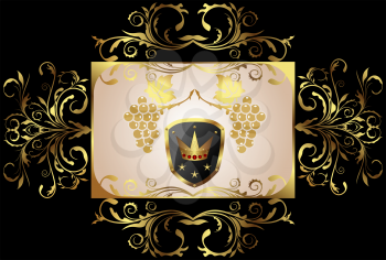 Illustration golden floral frame with grapevine, shield, crown - vector