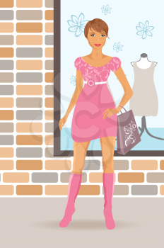 Illustration fashion shopping girl near shop - vector