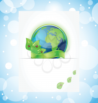 Illustration of green earth with leaves wrapped ribbon - vector