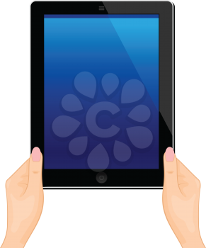 Illustration of the turned on computer tablet in a hand of the woman isolated on a white background - vector