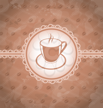 Illustration old grunge background with coffee label - cup, coffee bean's texture - vector