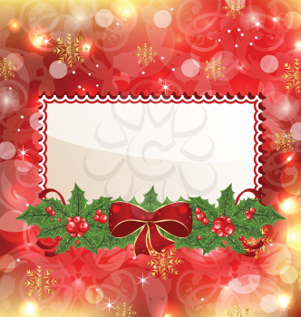 Illustration Christmas elegant card with mistletoe and bow - vector